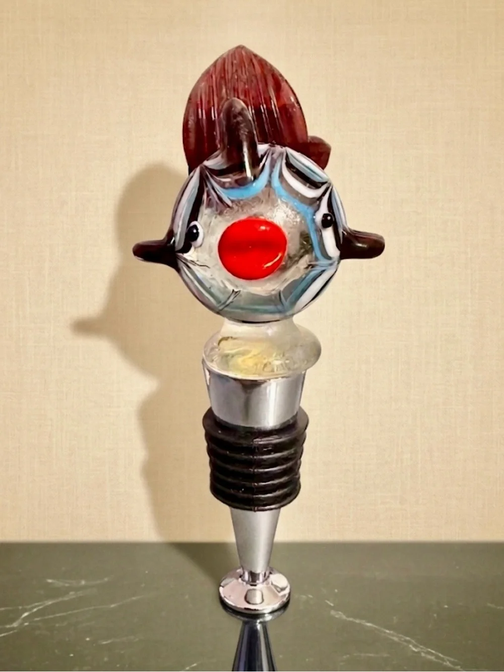 Art Glass Fish Wine Stopper – Tropical Blue & White Striped Fish